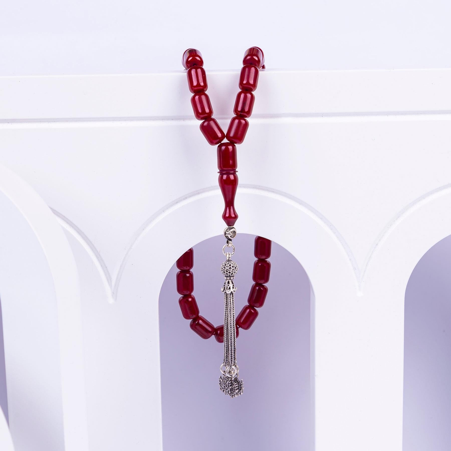 Ve Tesbih Silver Tasseled Capsule Cut Crimped Amber Rosary 2
