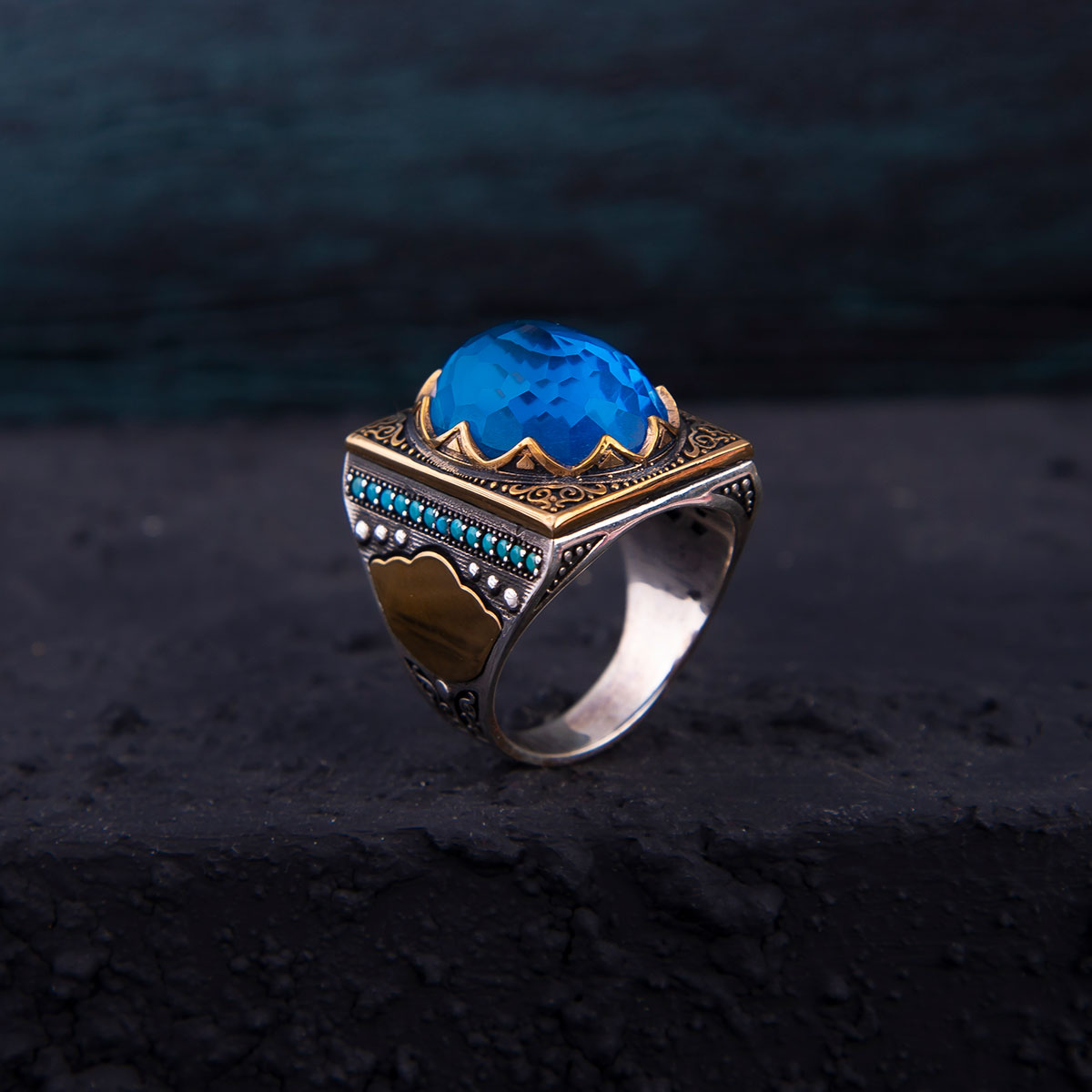 Square Engraving Model Silver Men's Ring with Blue Zircon Stone 1