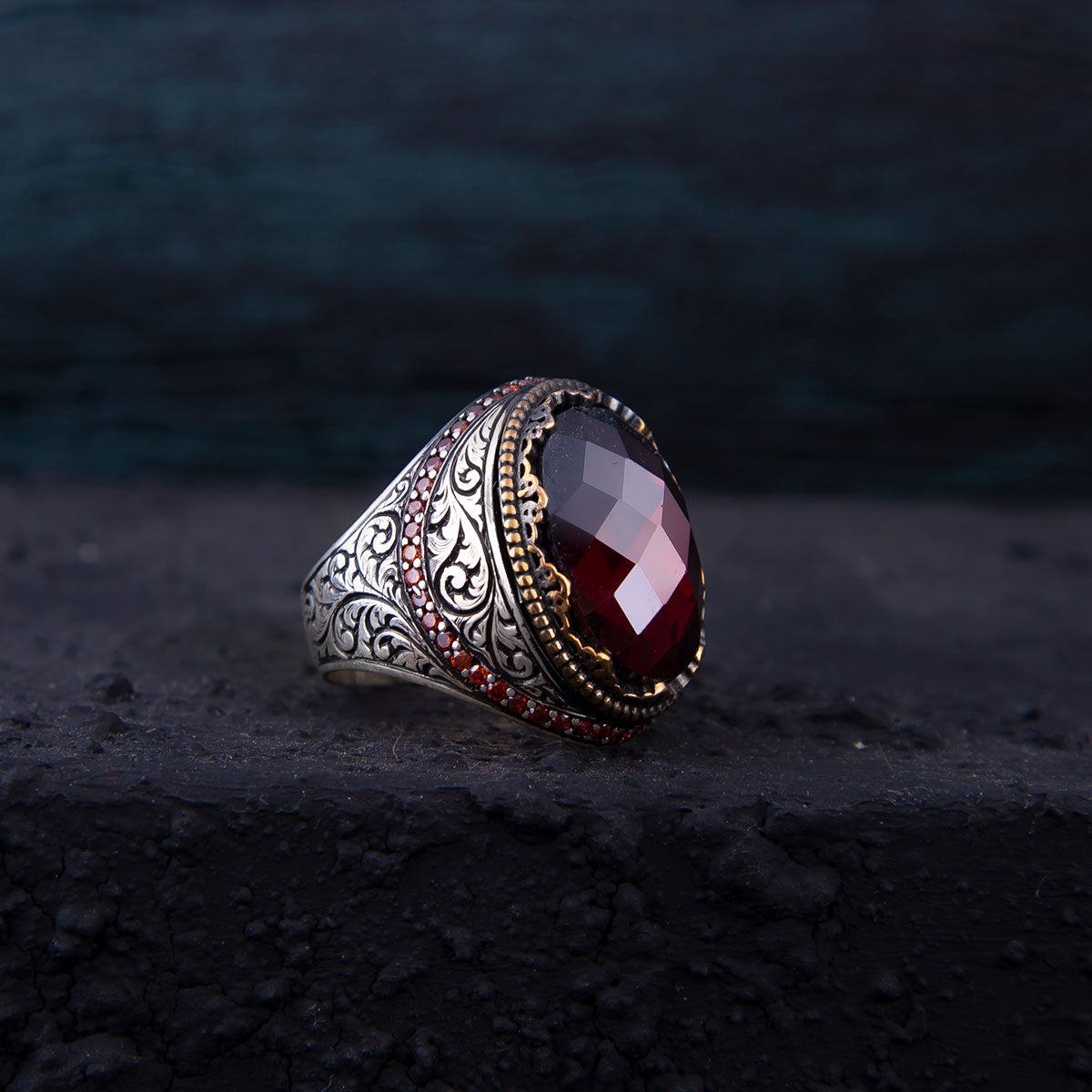 Ve Tesbih Silver Men's Ring with Red Zircon Stone 20 Gram 2