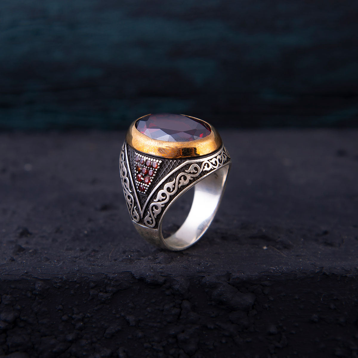 Ve Tesbih Silver Men's Ring with Red Zircon Stone 16 Gram 1