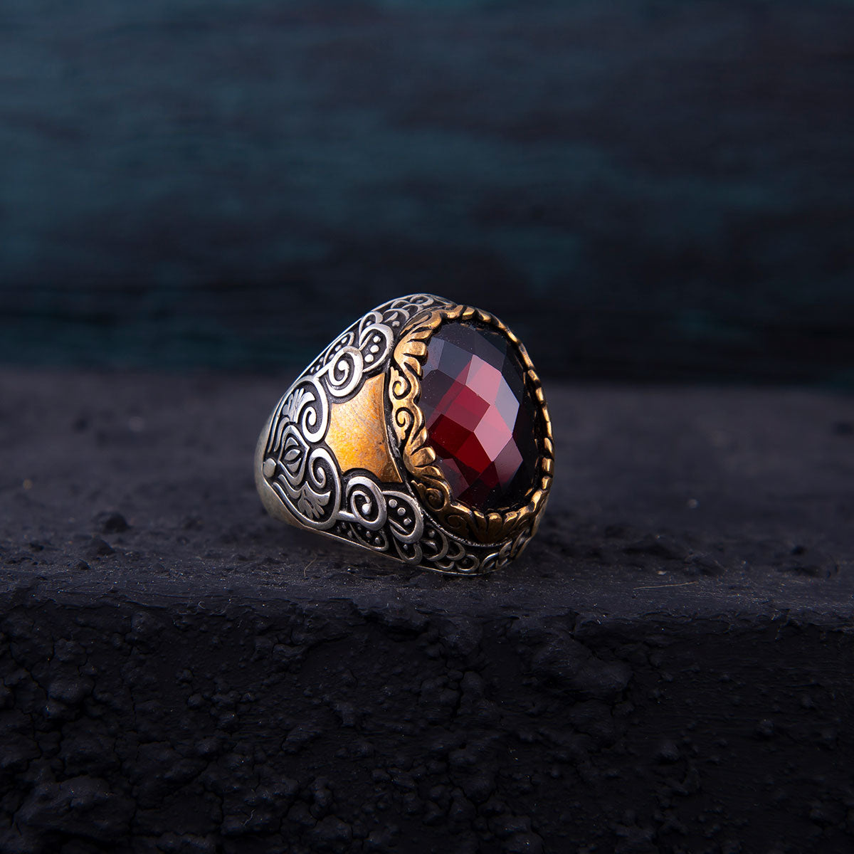 Ve Tesbih Silver Men's Ring with Red Zircon Stone 23 Gram 2