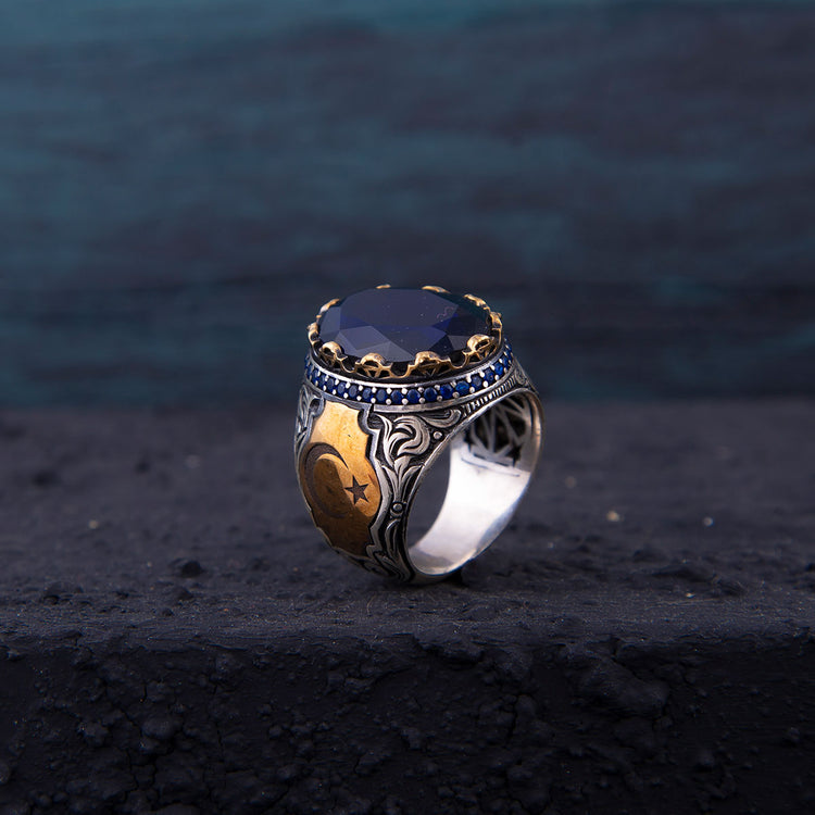 Ve Tesbih Silver Men's Ring with Blue Zircon Stone 1