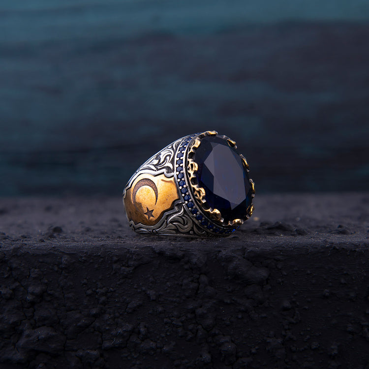 Ve Tesbih Silver Men's Ring with Blue Zircon Stone 2