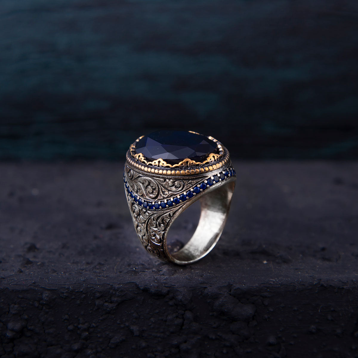 Ve Tesbih Silver Men's Ring with Blue Zircon Stone 16 Gram 1