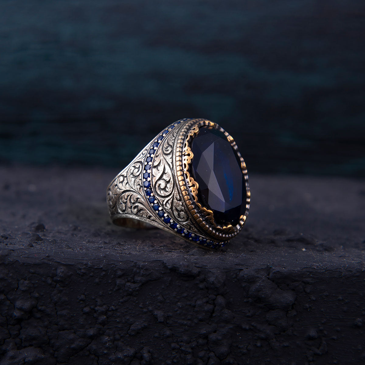Ve Tesbih Silver Men's Ring with Blue Zircon Stone 16 Gram 2