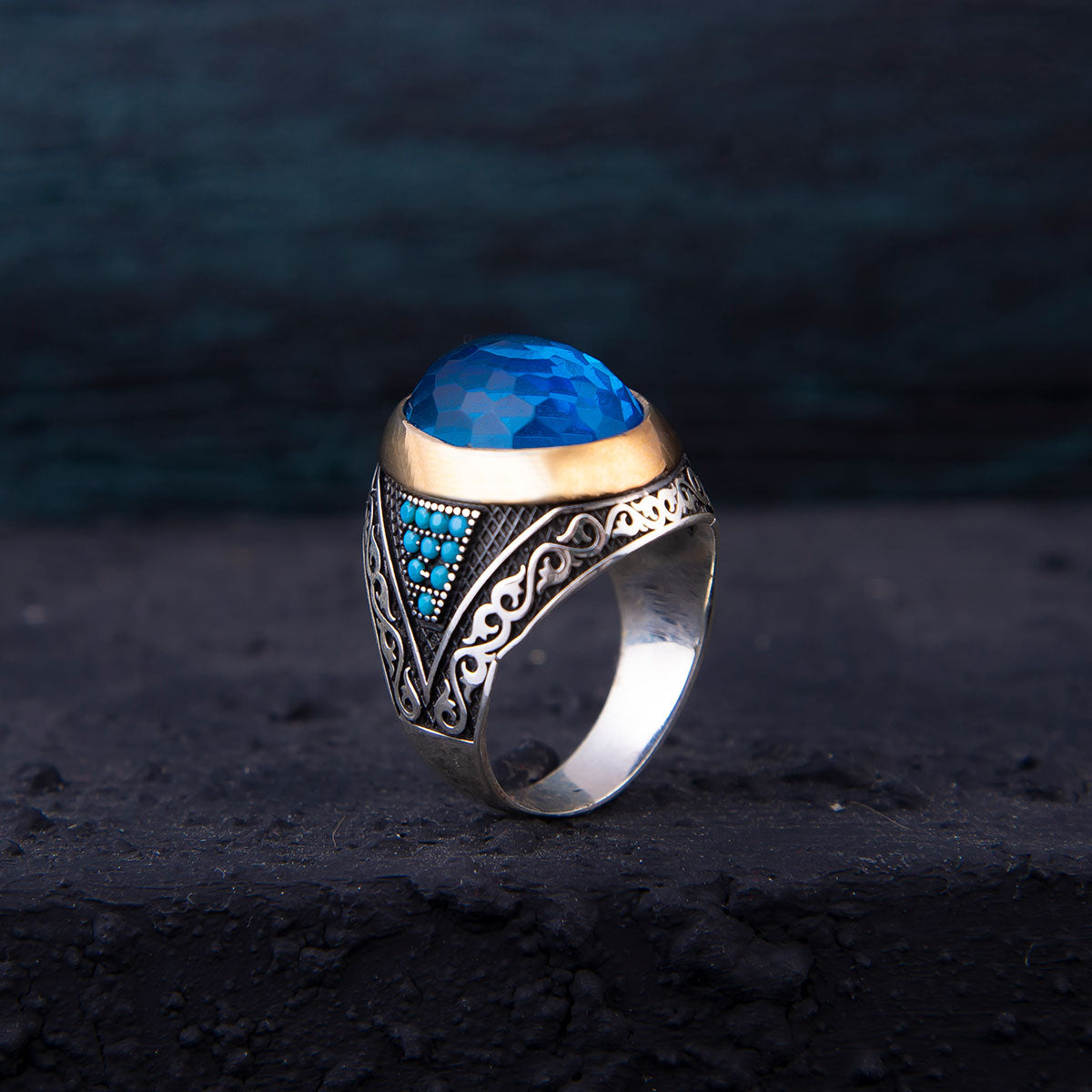 Ve Tesbih Silver Men Ring with Light Blue Zircon Stone 1