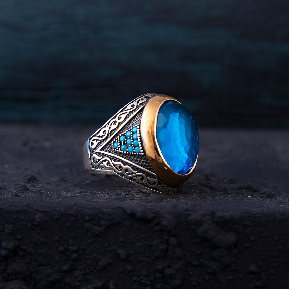 Ve Tesbih Silver Men Ring with Light Blue Zircon Stone 2
