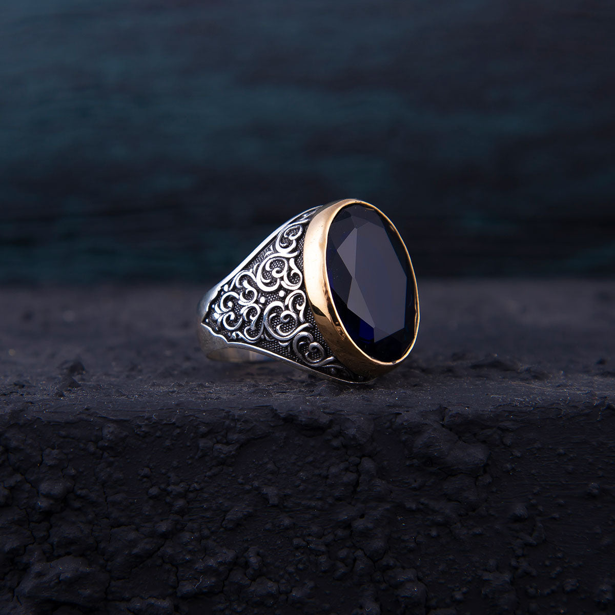 Ve Tesbih Silver Men Ring with Blue Zircon Stone 13 Gram 2