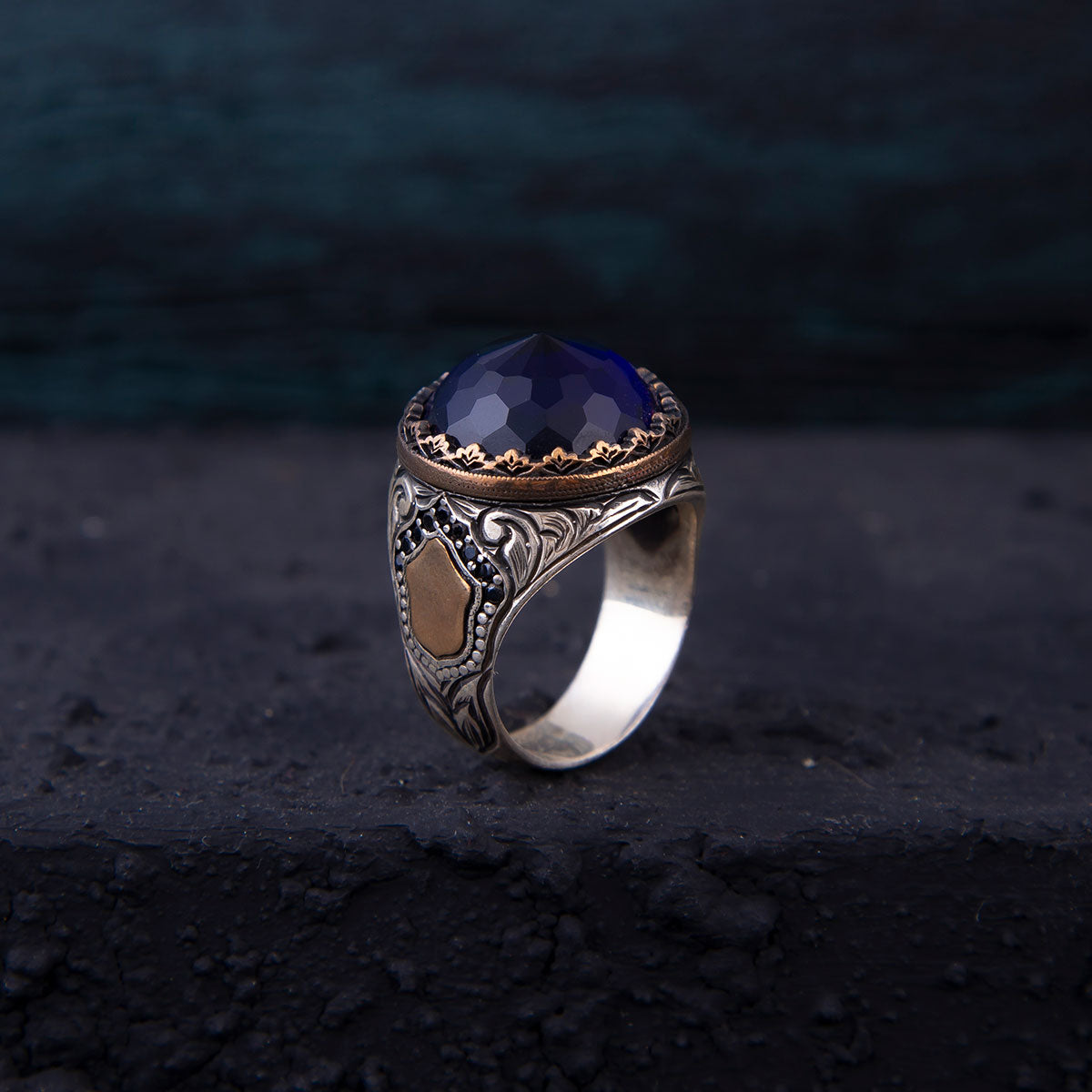 Ve Tesbih Silver Men Ring with Blue Zircon Stone 14.45 Gram 1