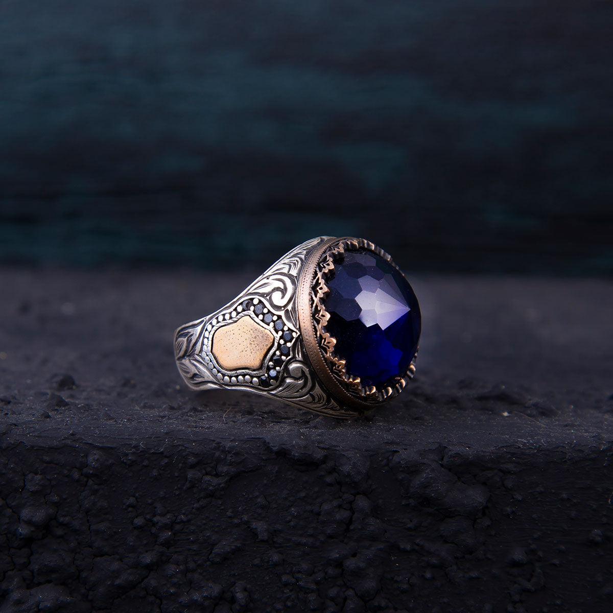 Ve Tesbih Silver Men Ring with Blue Zircon Stone 14.45 Gram 2