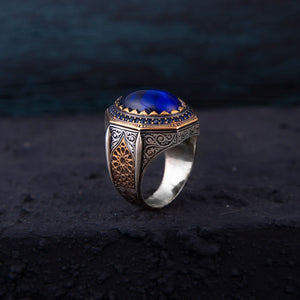 Minaret Model 8 Corners Silver Men's Ring with Blue Zircon Stone 1