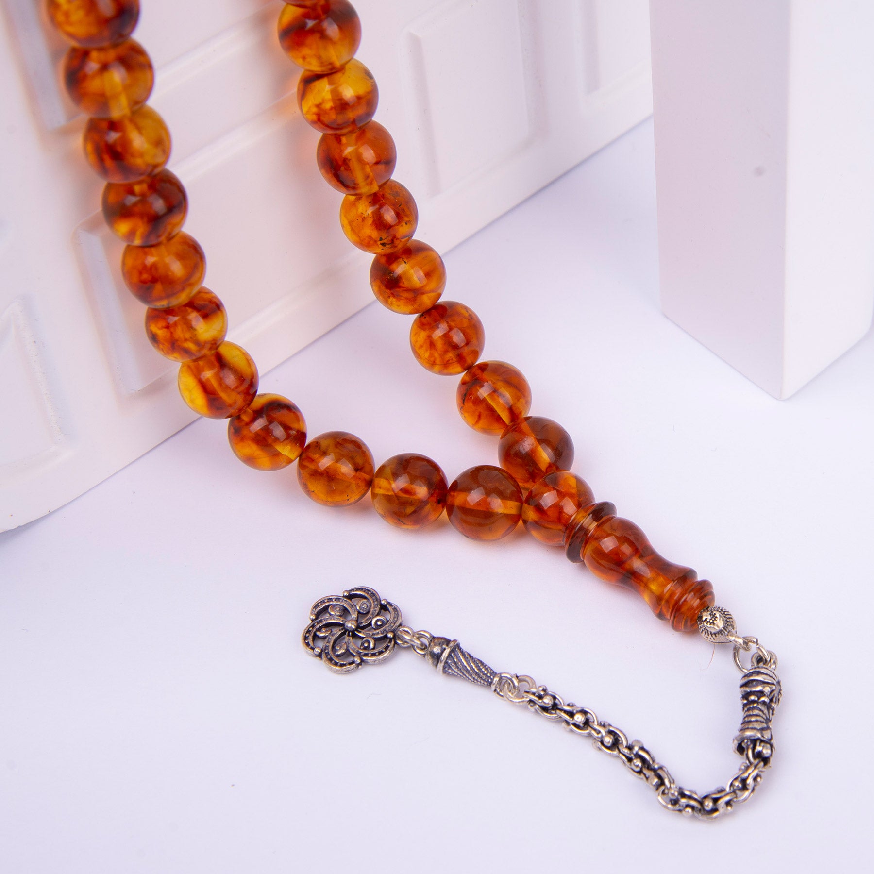 Ve Tesbih Sphere Cut Pressed Amber Rosary with Silver Tassels 2