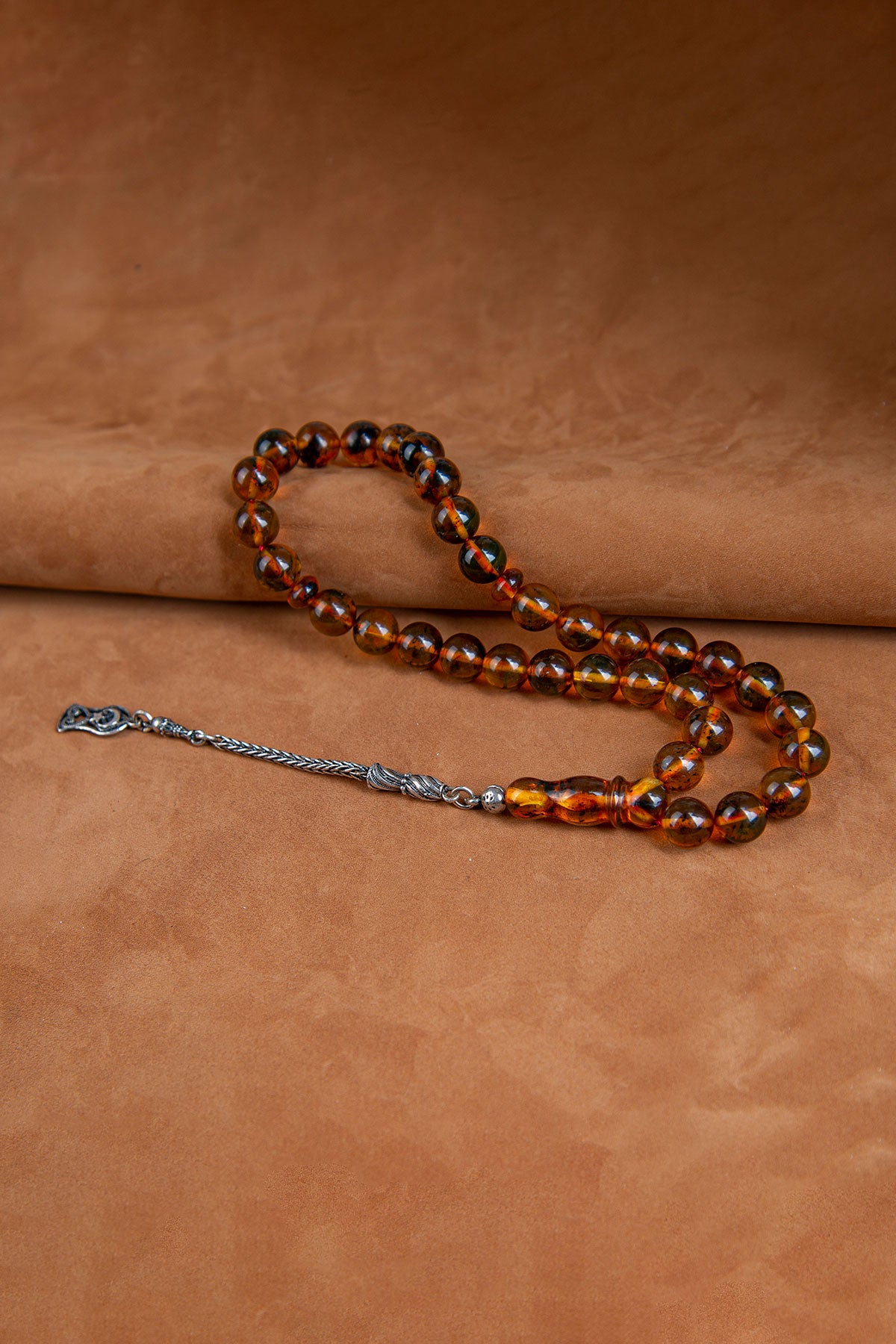 Ve Tesbih Sphere Cut Pressed Amber Rosary with Silver Tassels 1