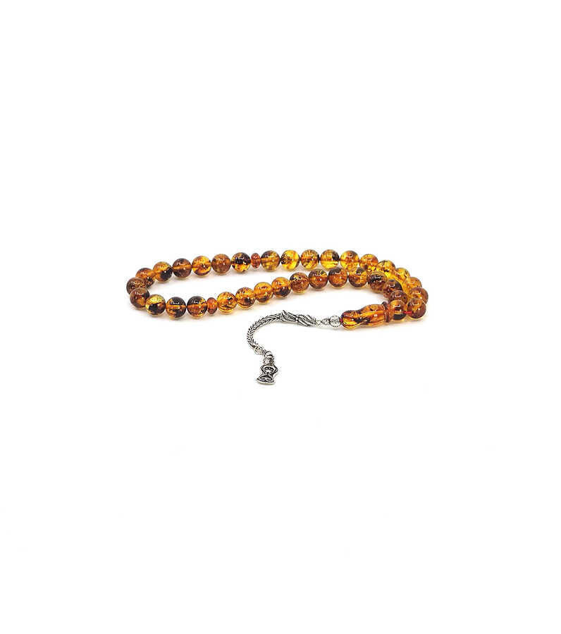 Ve Tesbih Sphere Cut Pressed Amber Rosary with Silver Tassels 2