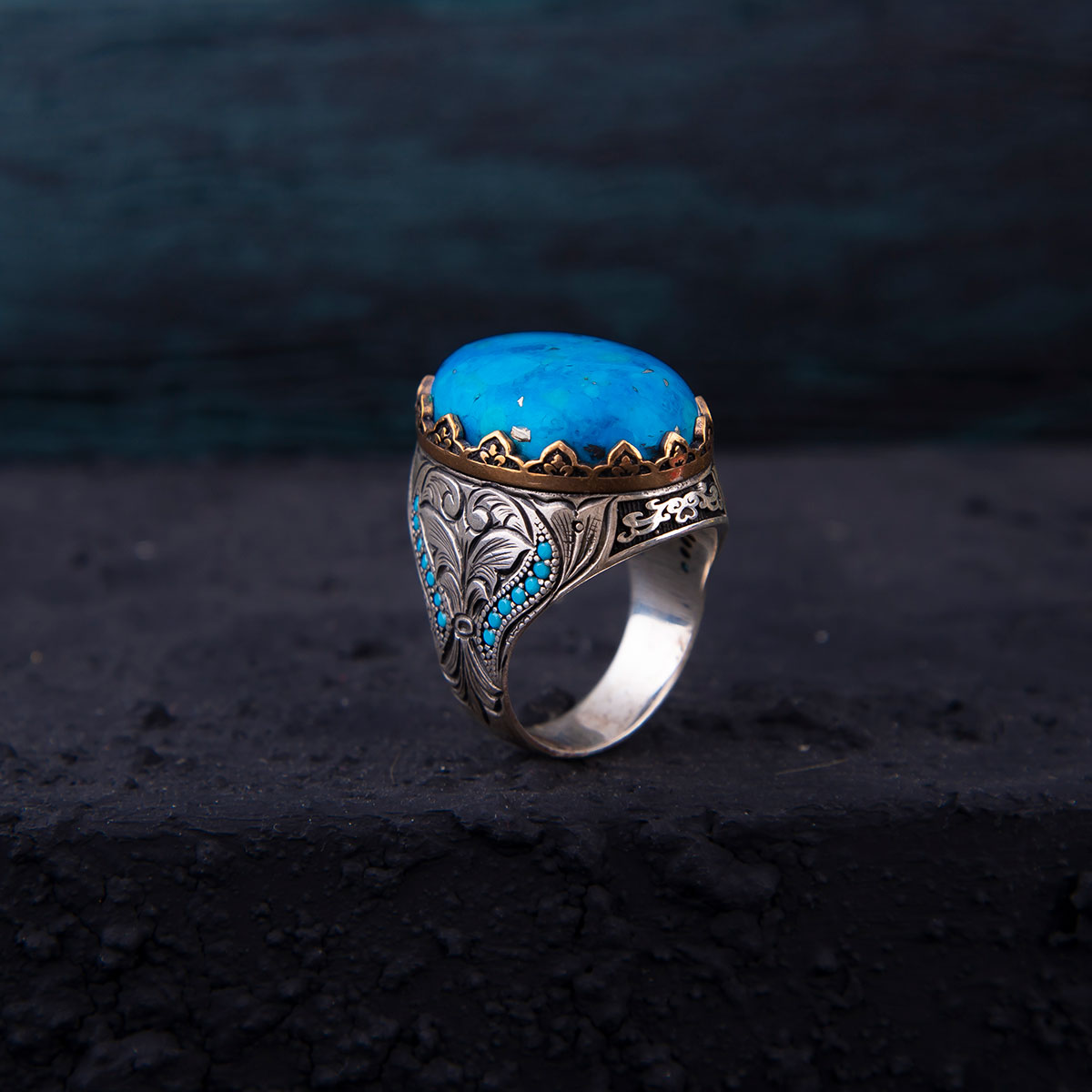 Ve Tesbih Sultanate Model Turquoise Stone Silver Men's Ring 1