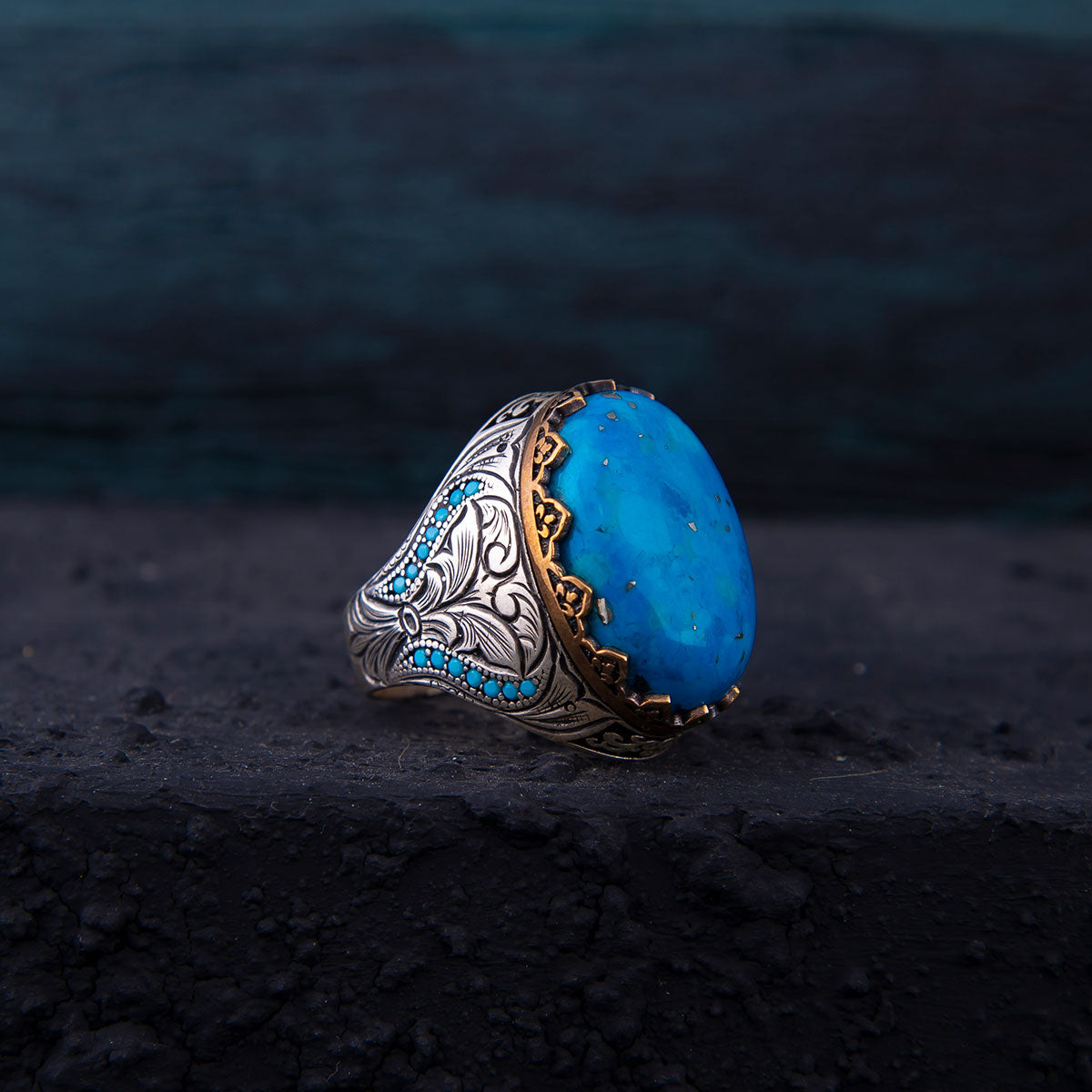 Ve Tesbih Sultanate Model Turquoise Stone Silver Men's Ring 2
