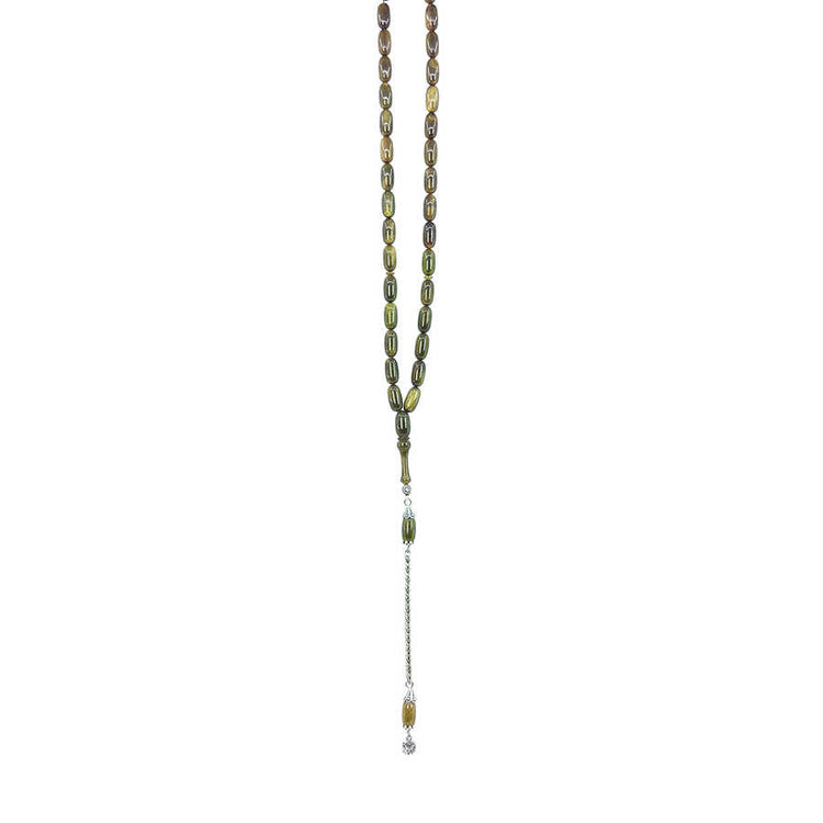 Silver Tasseled Capsule Cut Pearlescent Pressed Amber Rosary 2