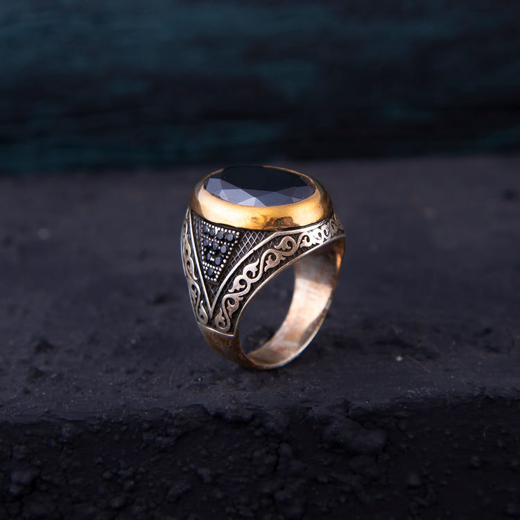 Ve Tesbih Silver Men's Ring with Black Zircon Stone 1