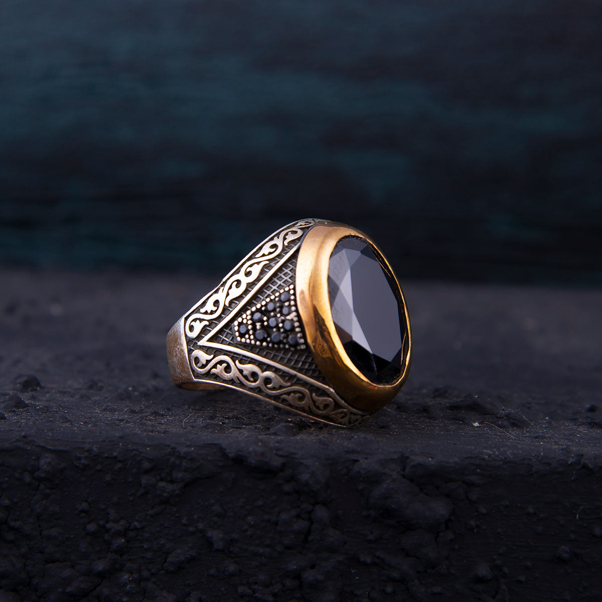 Ve Tesbih Silver Men's Ring with Black Zircon Stone 2