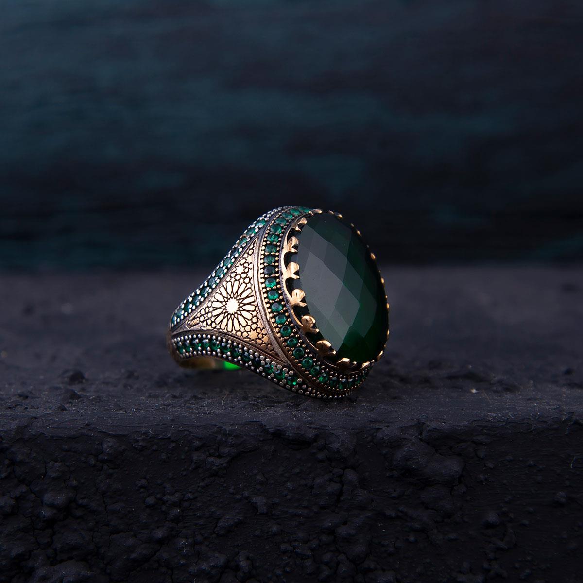 Ve Tesbih Silver Men's Ring with Green Zircon Stone 1