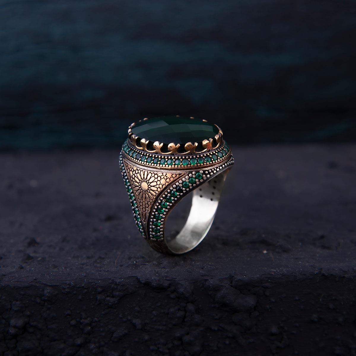 Ve Tesbih Silver Men's Ring with Green Zircon Stone 2