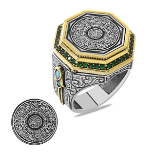 925 Sterling Silver Men's Ring with Hüsn-i Calligraphy Ayetel Kürsi Written on it and Zircon Stone Decorated Dagger Detail
