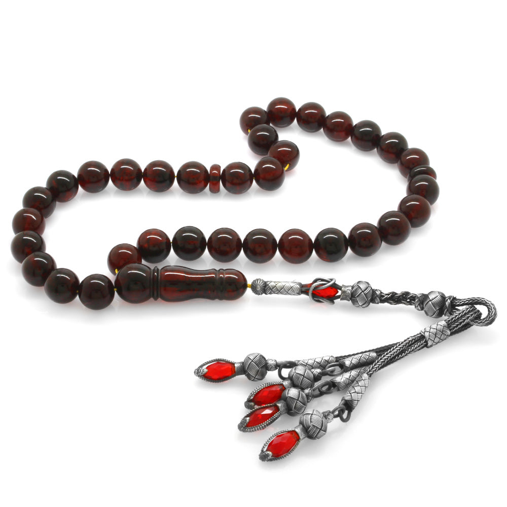Silver Tasseled Maxi Size Moire Red Drop Amber Rosary 2