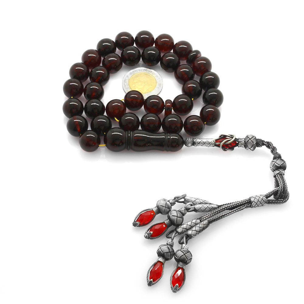 Silver Tasseled Maxi Size Moire Red Drop Amber Rosary 3