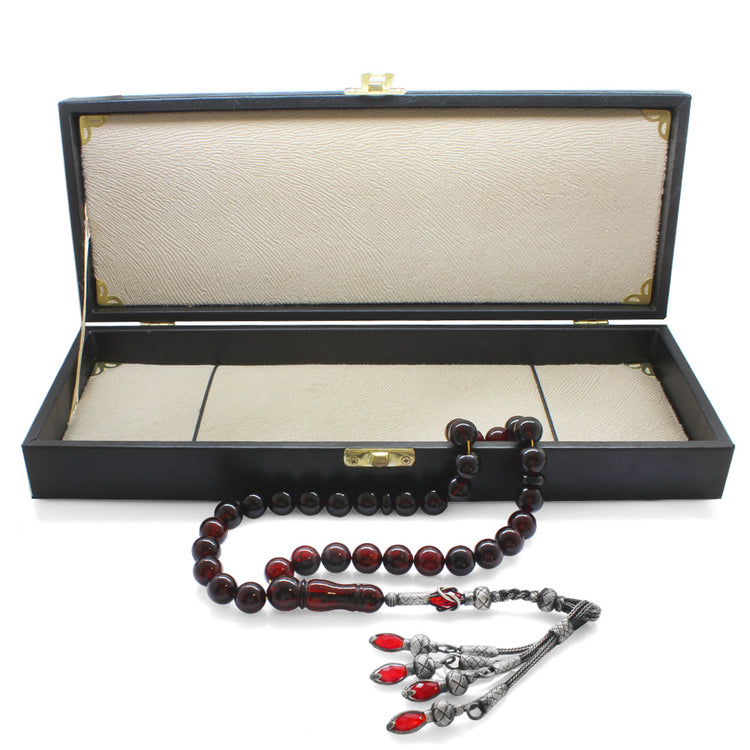 Silver Tasseled Maxi Size Moire Red Drop Amber Rosary