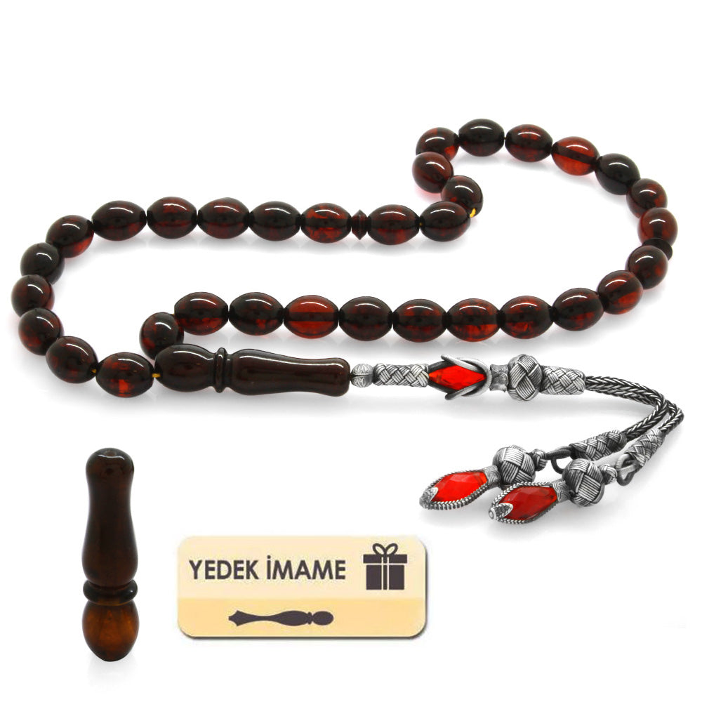 1000 Sterling Silver Kazaz Tasseled Red Drop Amber Rosary