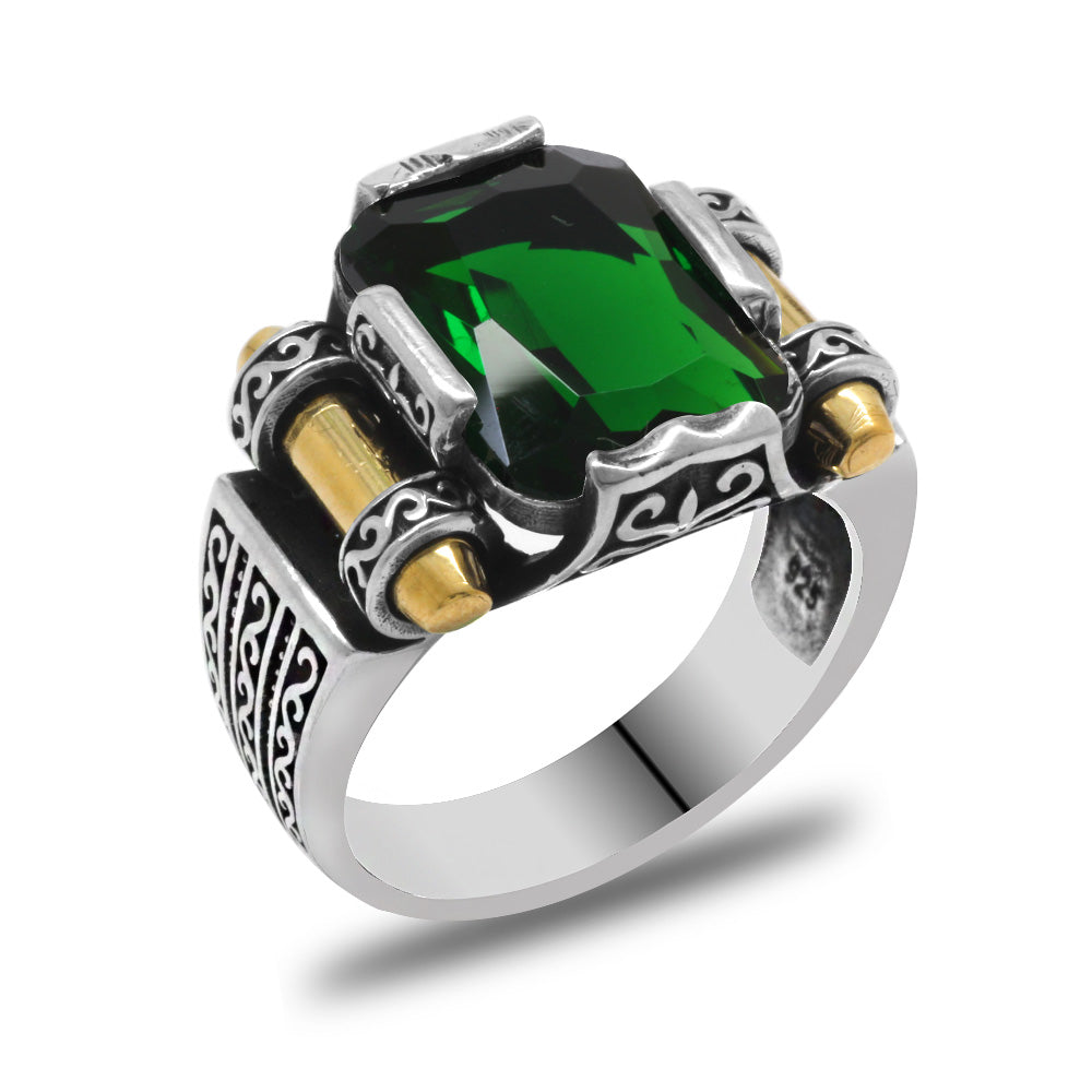 Avangarde Design 925 Sterling Silver Shah Jahan Ring with Green Baguette Stone
