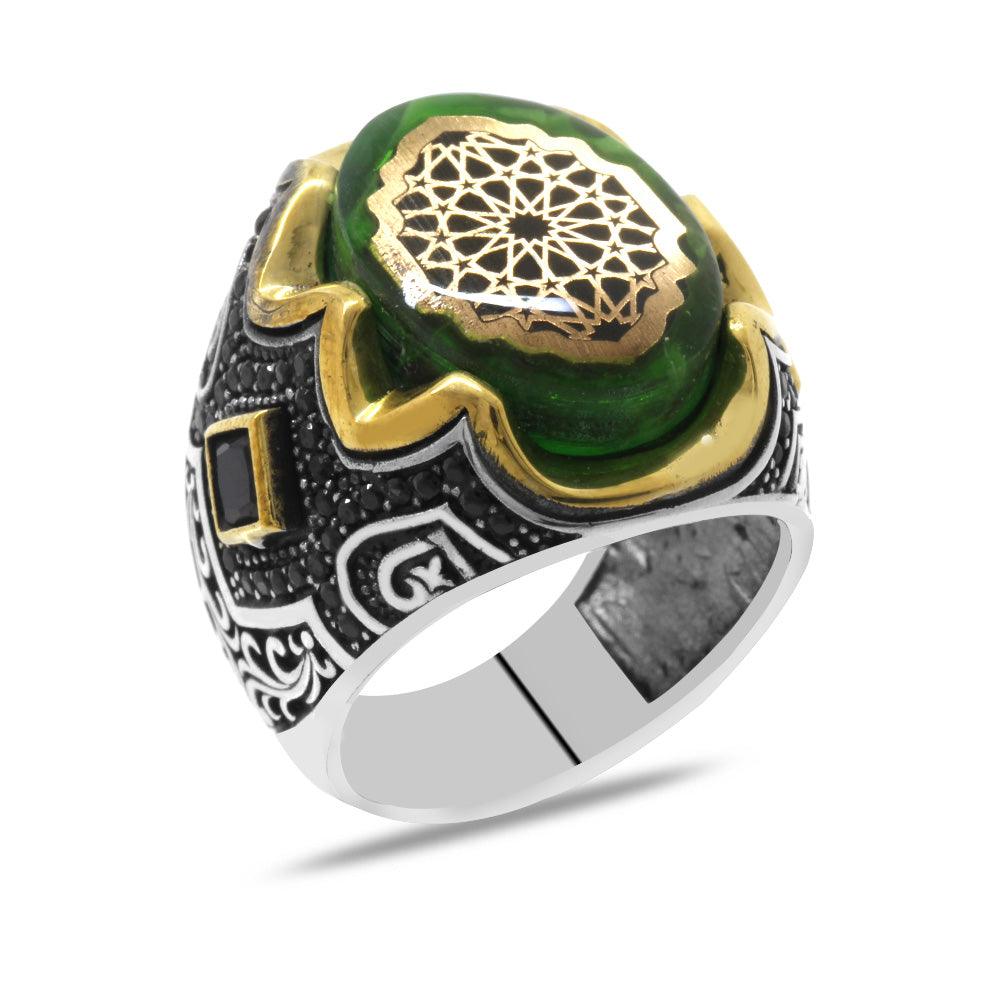 Silver Men Ring with Anatolian Motifs on Green Amber