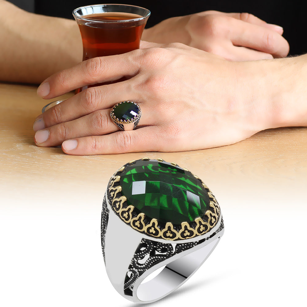 Silver Men's Ring with Green Zircon Stone and personalized name