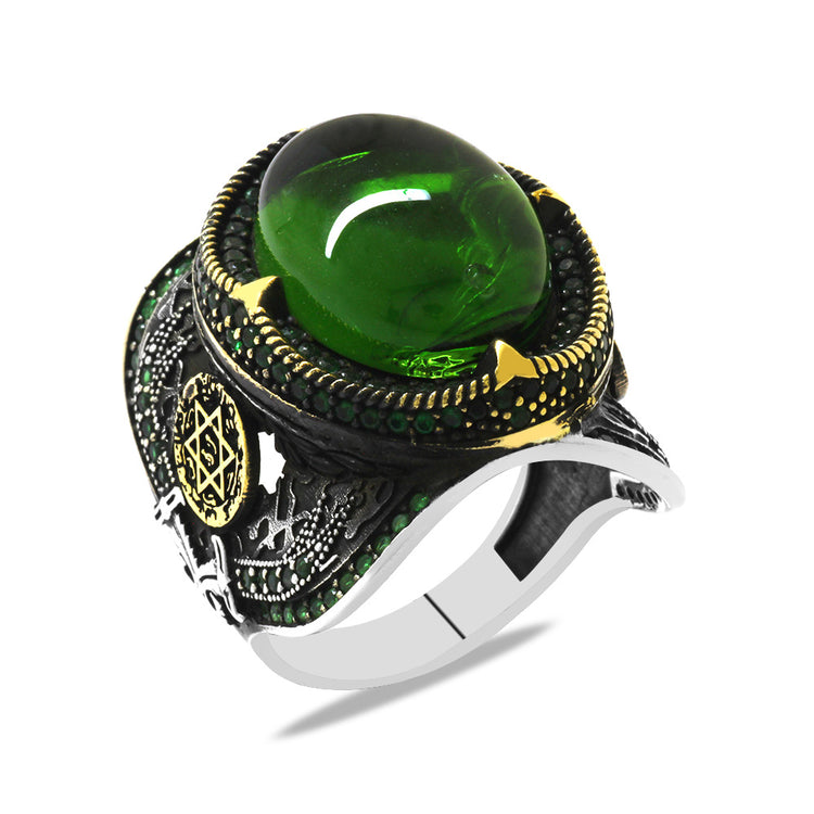 925 Sterling Silver Men's Ring with Green Zircon Stones and Seal of Solomon Embroidered on the Edges