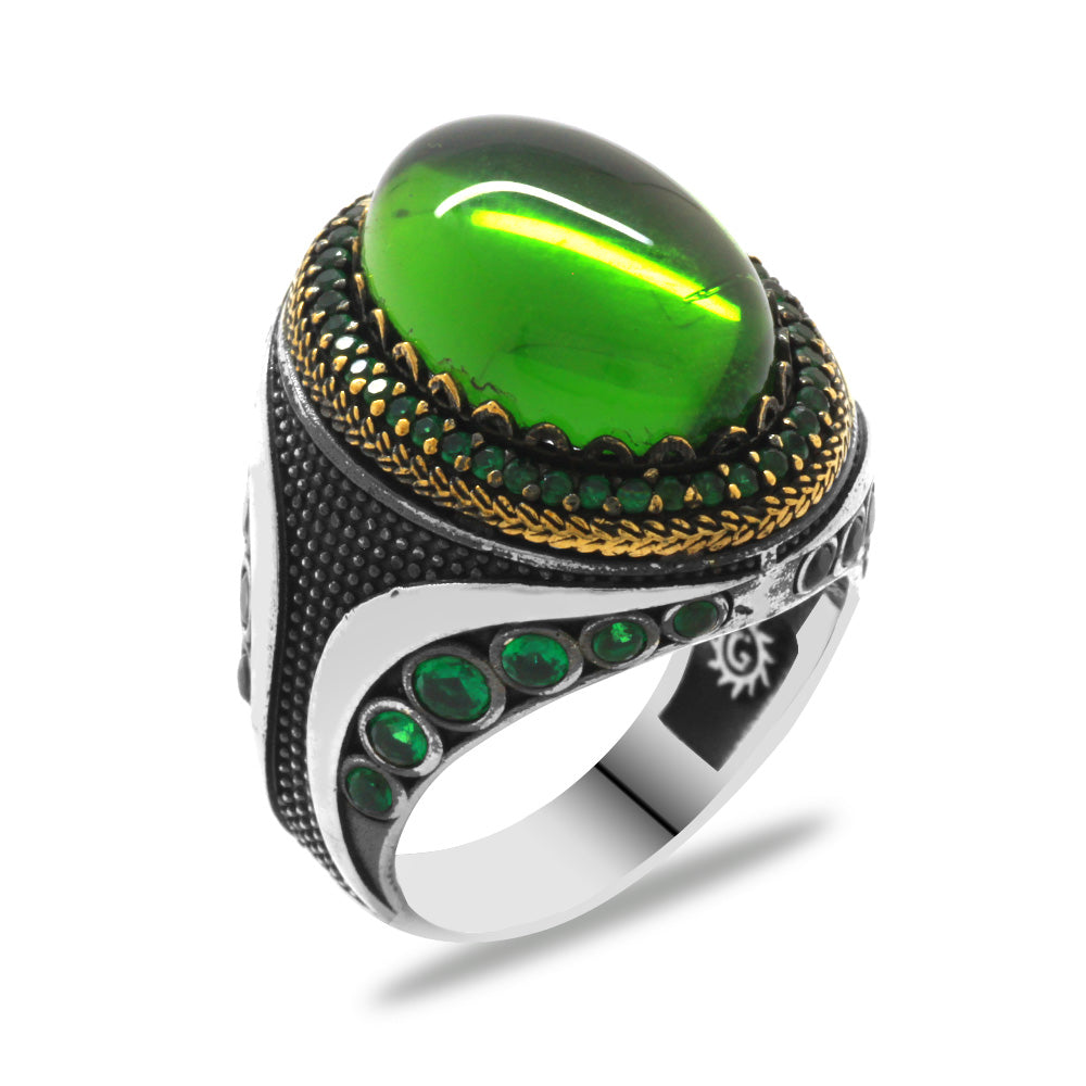 Green Zircon Stone 925 Sterling Silver Men's Ring