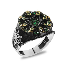 Green Zircon Stone Compass Design 925 Sterling Silver Men's Ring with Anchor & Ship Wheel Detail on the Sides