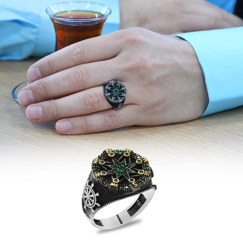 Green Zircon Stone Compass Design 925 Sterling Silver Men's Ring with Anchor