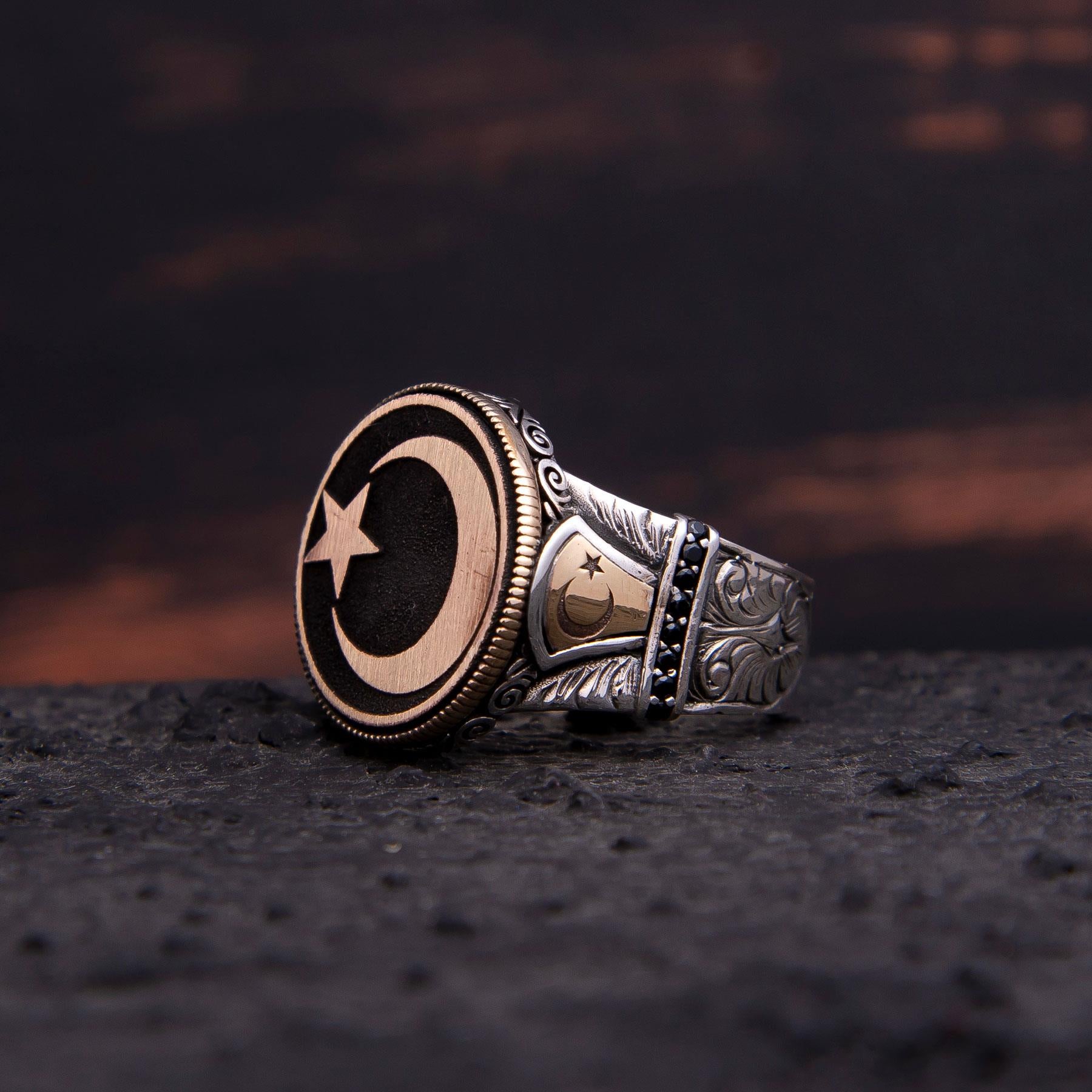 Ve Tesbih Round Authentic Star and Crescent Model Silver Ring 1