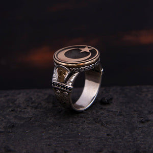 Ve Tesbih Round Authentic Star and Crescent Model Silver Ring 2