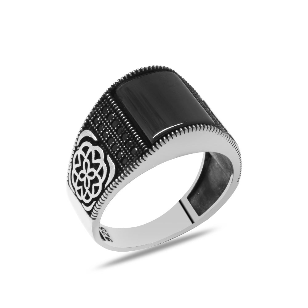 Zircon Stone Embroidered Karatay Patterned Curved Onyx Stone 925 Sterling Silver Men's Ring