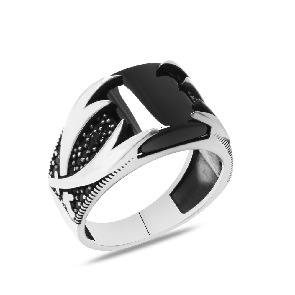 925 Sterling Silver Men's Ring with Zircon Stone Embroidered Zulfiqar Patterned Domed Onyx Stone