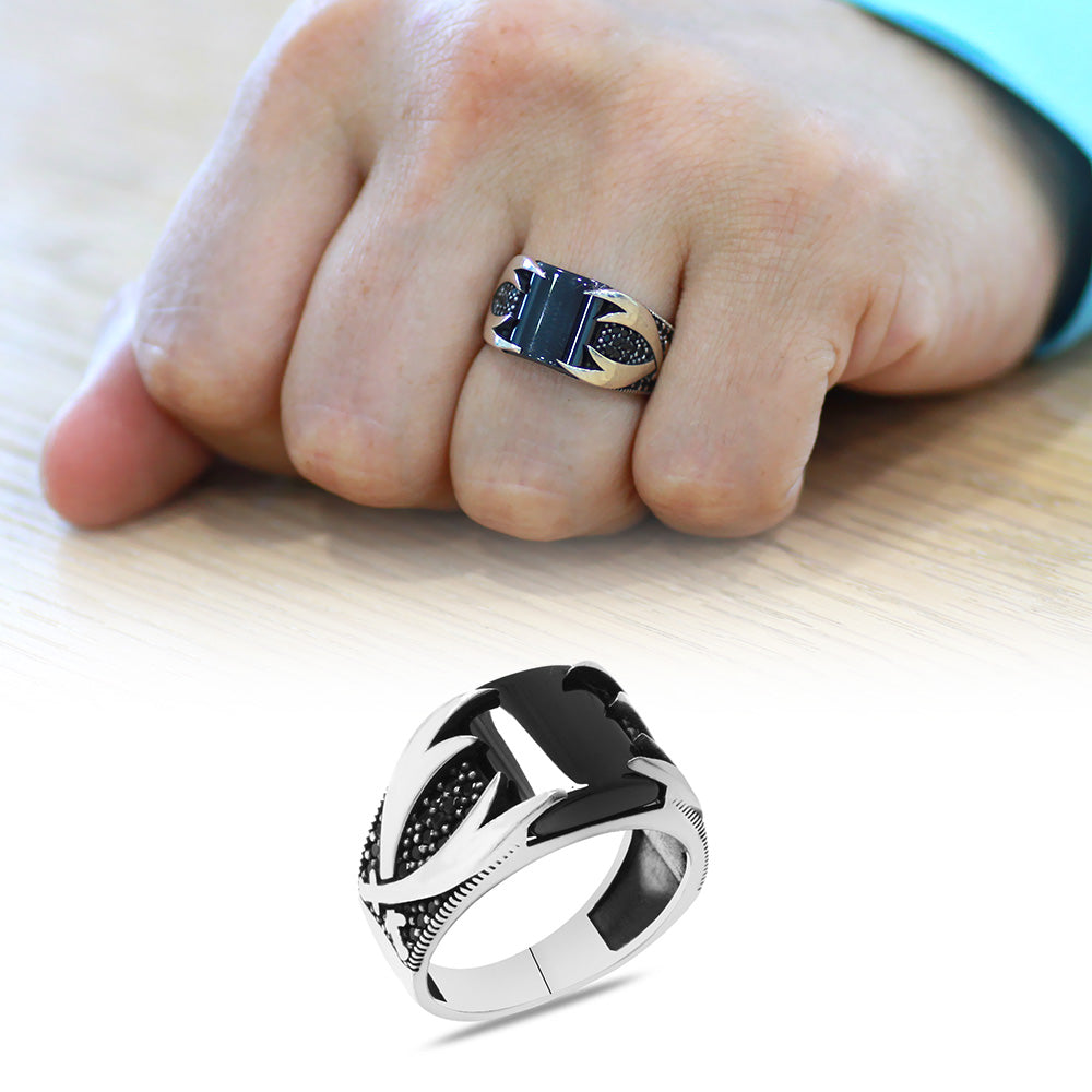 925 Sterling Silver Men's Ring with Zircon Stone Domed Onyx Stone