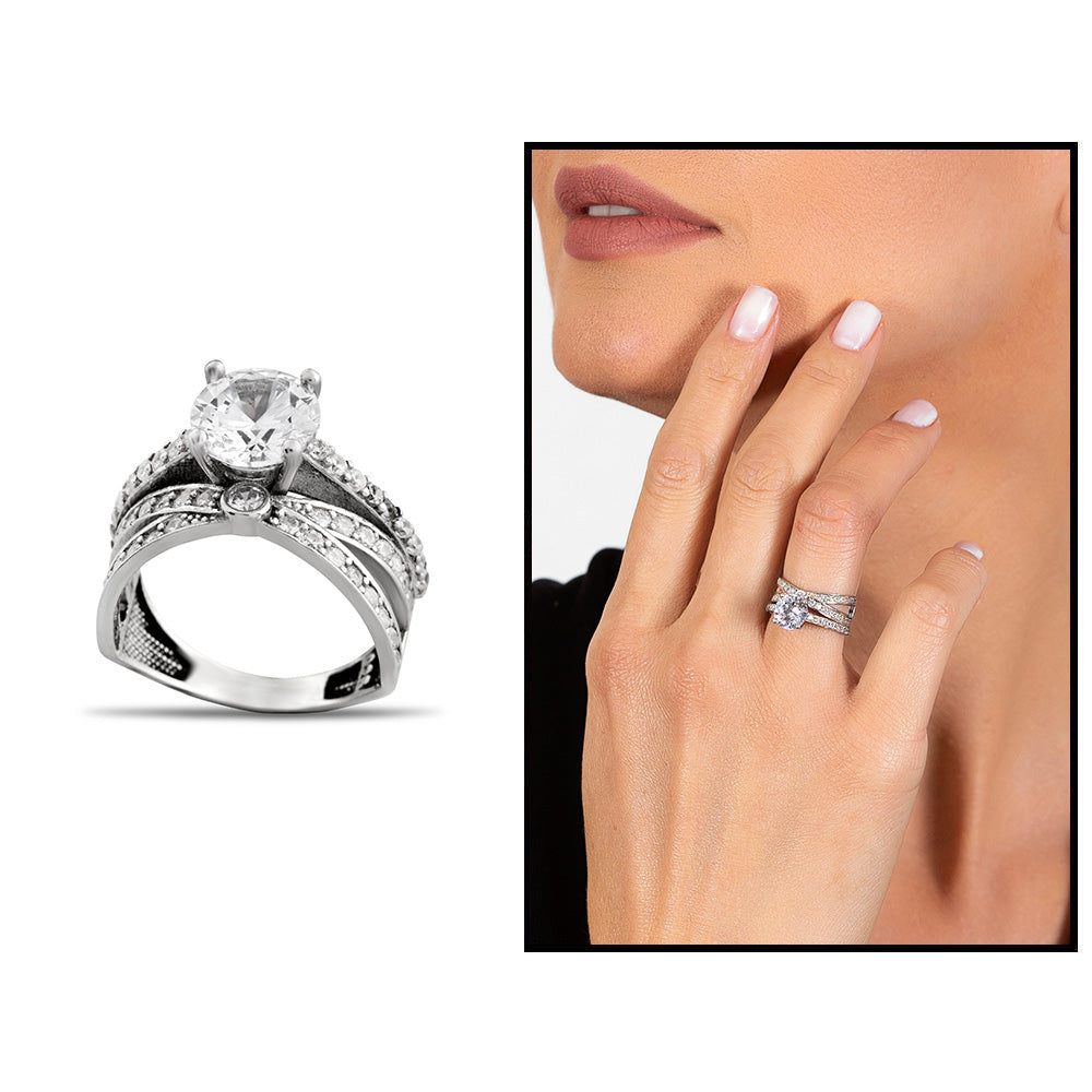 Zircon Stone Cat's Eye Design 925 Sterling Silver Women's Solitaire Ring