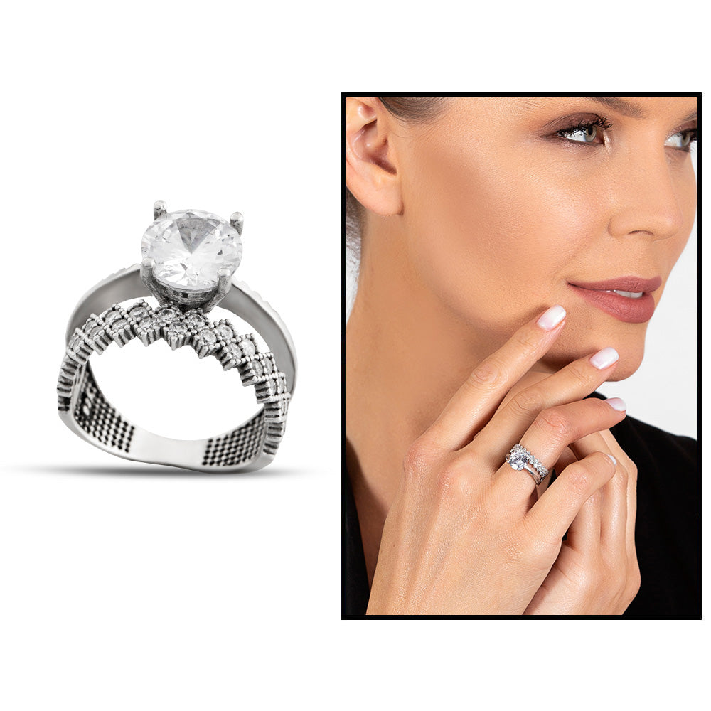 Zircon Stone Crown Design 925 Sterling Silver Women's Solitaire Ring