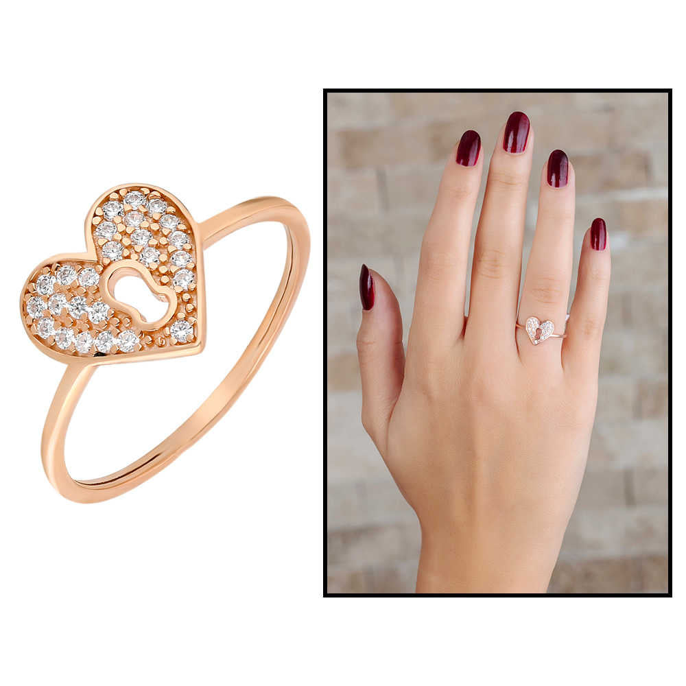 Zircon Stone Lock of My Heart Design Rose Color 925 Sterling Silver Women&#39;s Ring