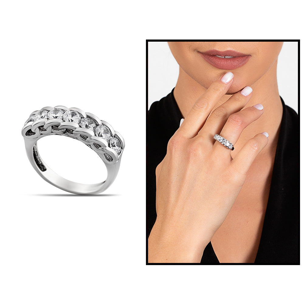 Zircon Stone Chain Design 925 Sterling Silver Women's Multi Stone Ring