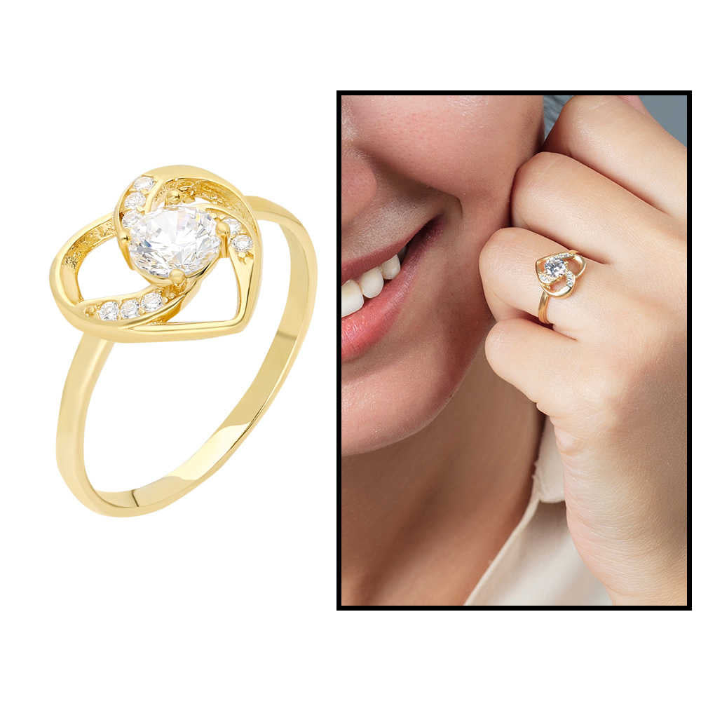 Zircon Solitaire Heart Design Gold Color 925 Sterling Silver Women&#39;s Ring