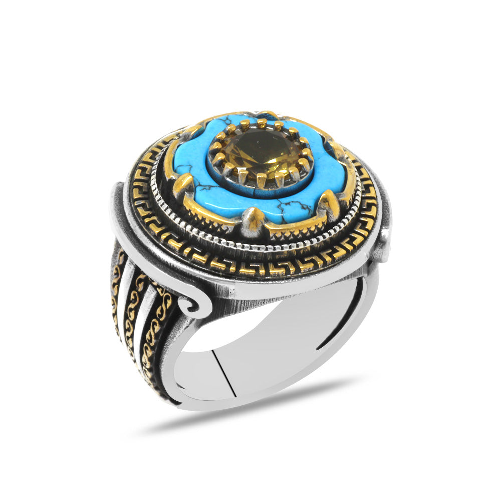 Zultanite & Turquoise Rotating Wheel Design Silver Men Ring