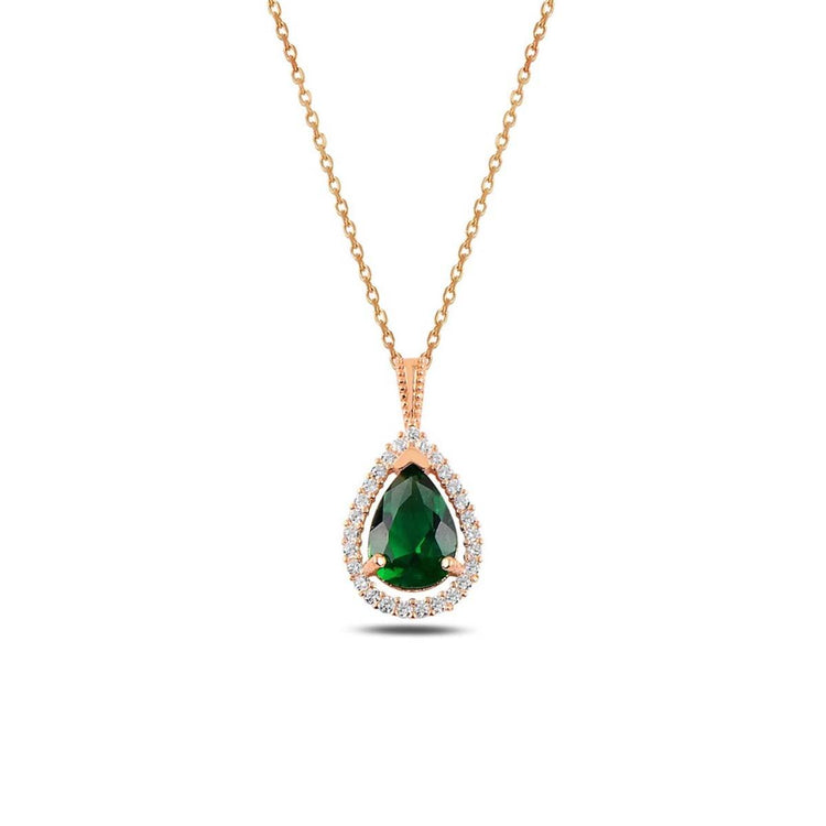 Ve Tesbih Emerald Stone Rose Silver Necklace